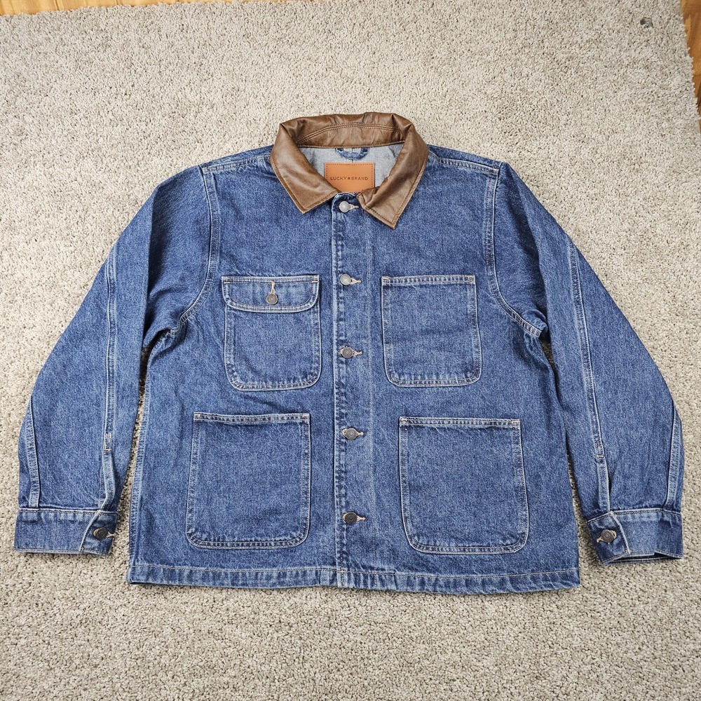 Lucky Brand Women's Large Denim Field Jacket Faux Leather Collar EUC